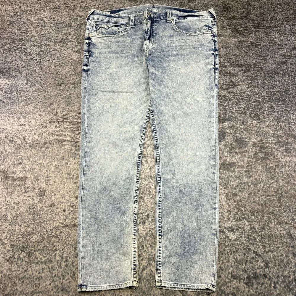 True Religion Ricky Jeans Relaxed Straight 42x33 Acid Wash Blue Flap Pockets